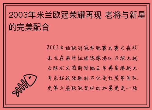 2003年米兰欧冠荣耀再现 老将与新星的完美配合