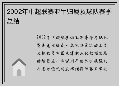 2002年中超联赛亚军归属及球队赛季总结