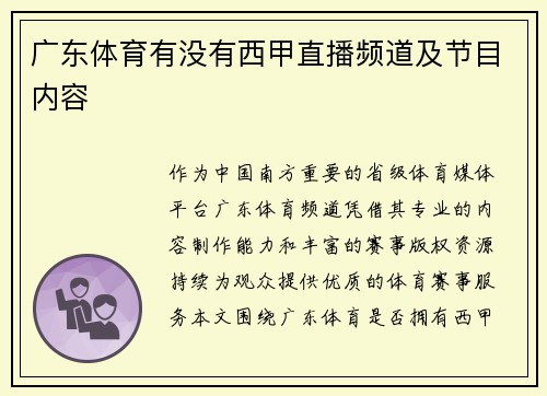 广东体育有没有西甲直播频道及节目内容
