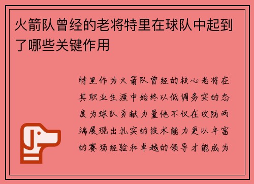 火箭队曾经的老将特里在球队中起到了哪些关键作用